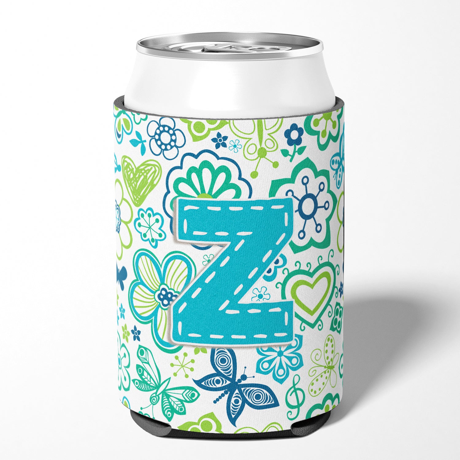 Letter Z Flowers and Butterflies Teal Blue Can or Bottle Hugger CJ2006-ZCC.