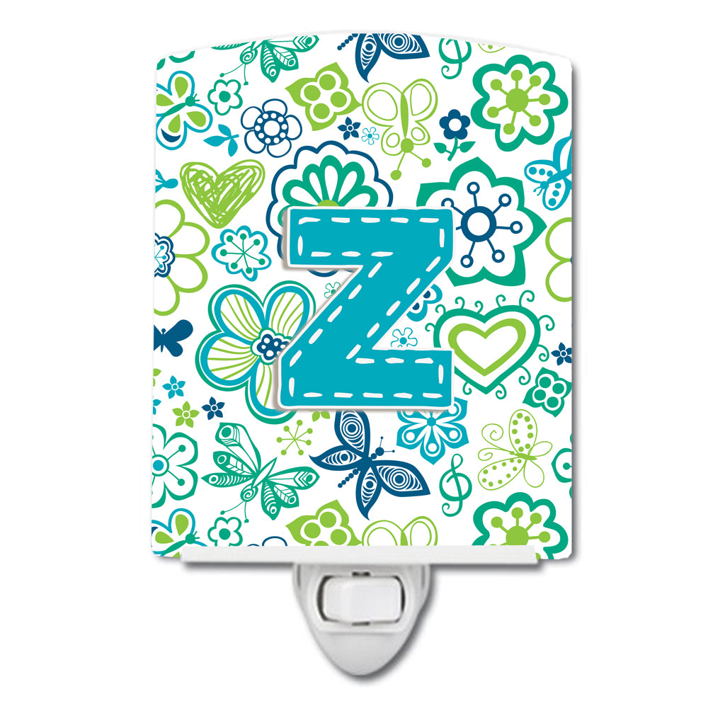 Letter Z Flowers and Butterflies Teal Blue Ceramic Night Light CJ2006-ZCNL - the-store.com