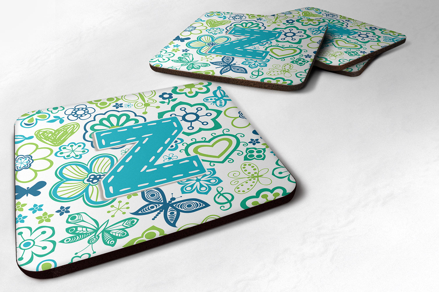 Set of 4 Letter Z Flowers and Butterflies Teal Blue Foam Coasters CJ2006-ZFC - the-store.com