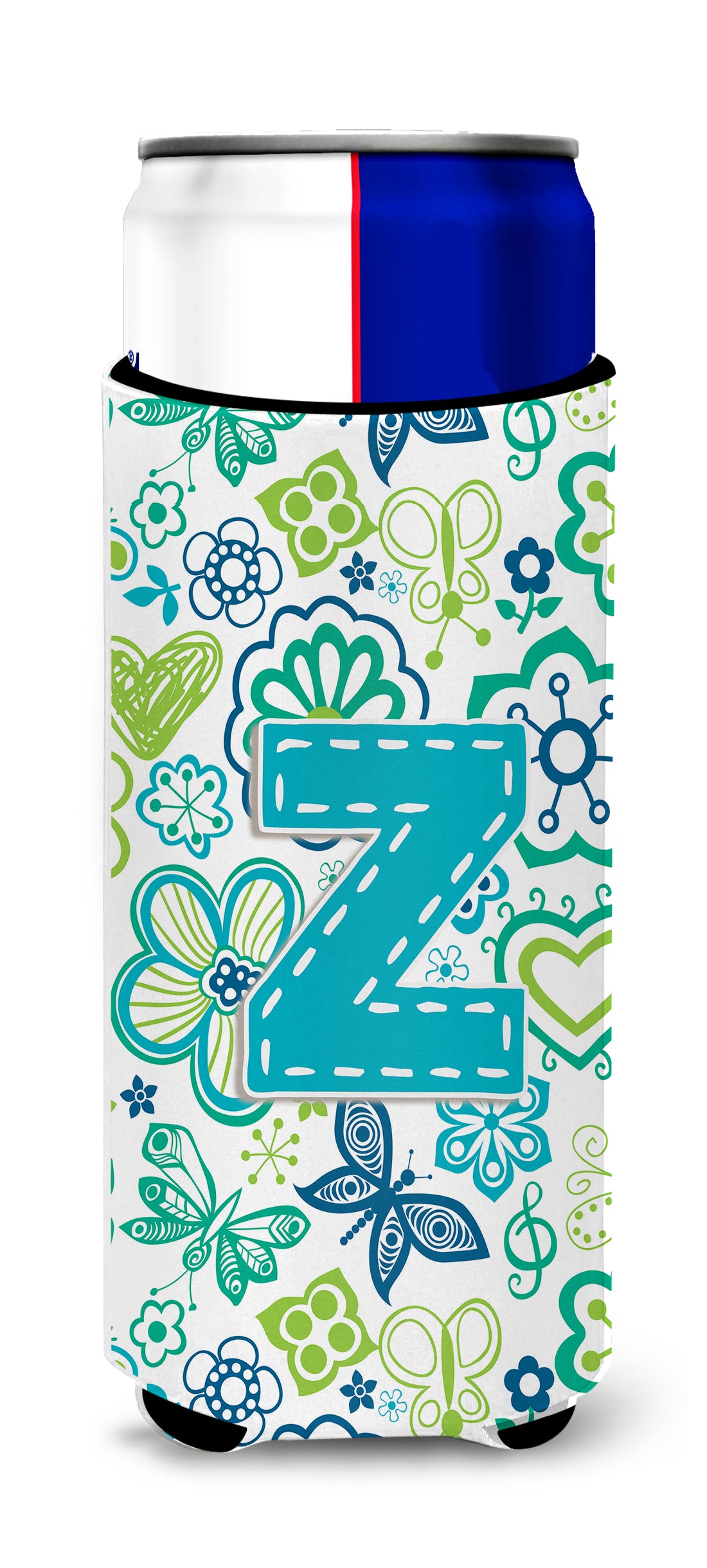 Letter Z Flowers and Butterflies Teal Blue Ultra Beverage Insulators for slim cans CJ2006-ZMUK.