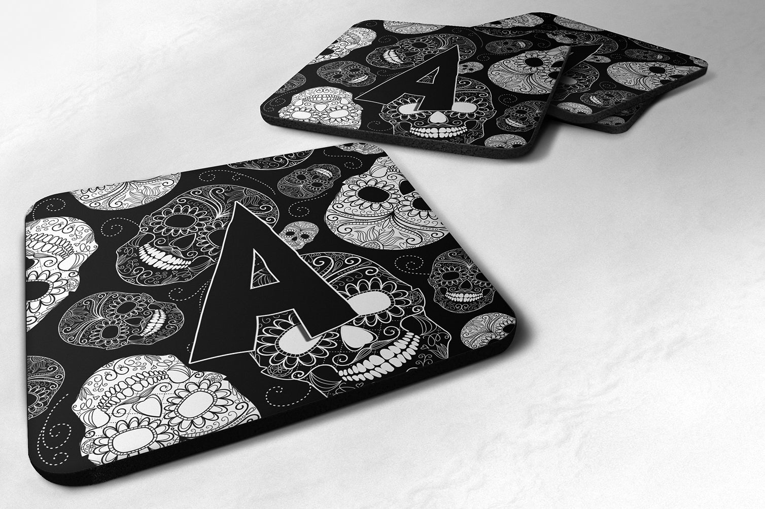 Set of 4 Letter A Day of the Dead Skulls Black Foam Coasters CJ2008-AFC - the-store.com