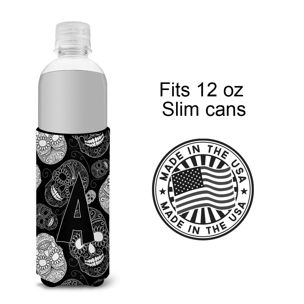 Letter A Day of the Dead Skulls Black Ultra Beverage Insulators for slim cans CJ2008-AMUK.