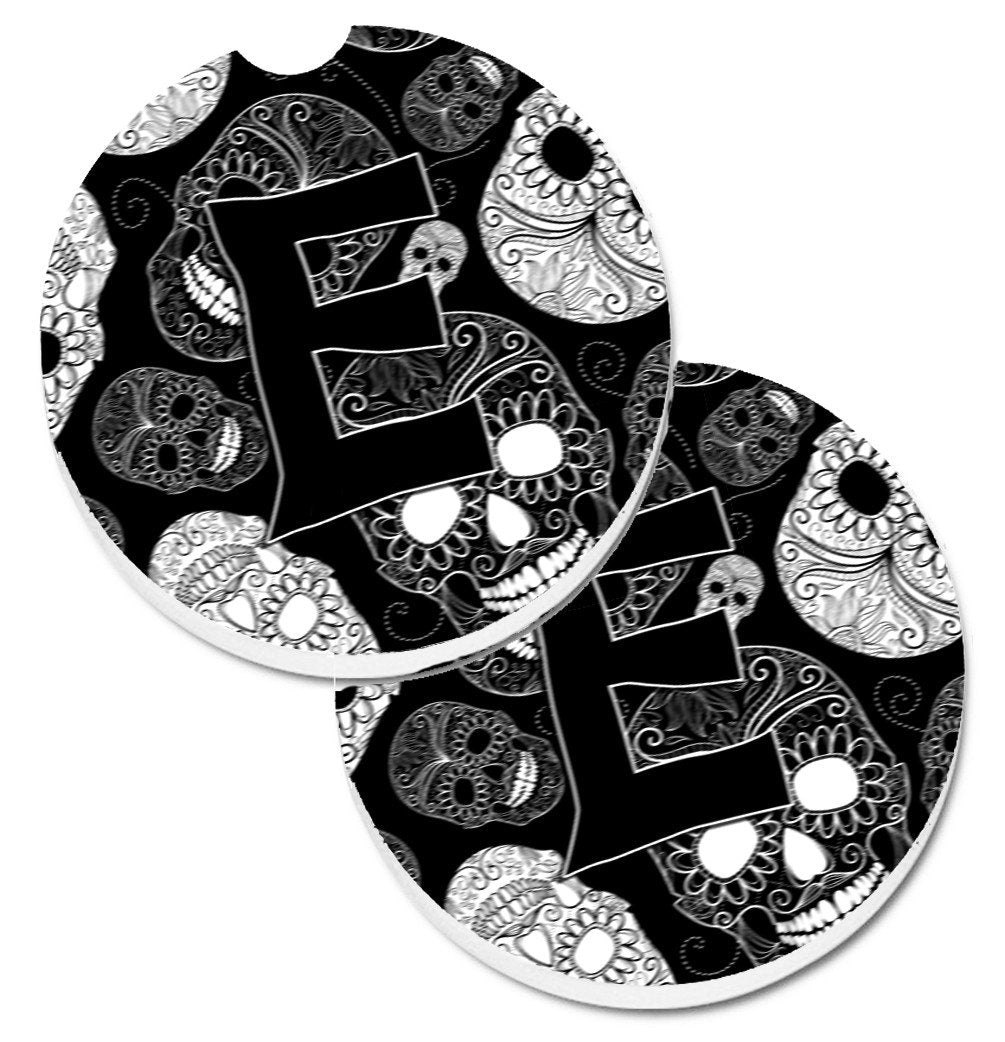 Letter E Day of the Dead Skulls Black Set of 2 Cup Holder Car Coasters CJ2008-ECARC by Caroline&#39;s Treasures