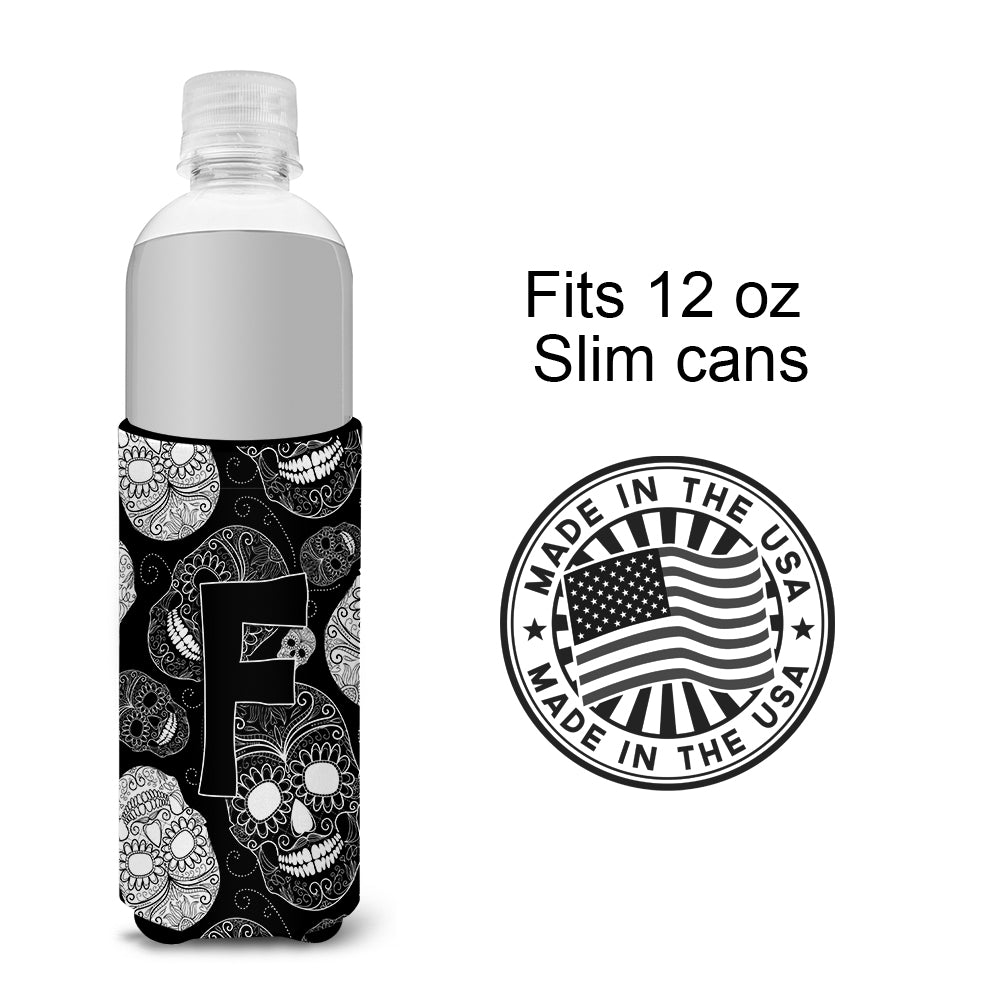 Letter F Day of the Dead Skulls Black Ultra Beverage Insulators for slim cans CJ2008-FMUK.