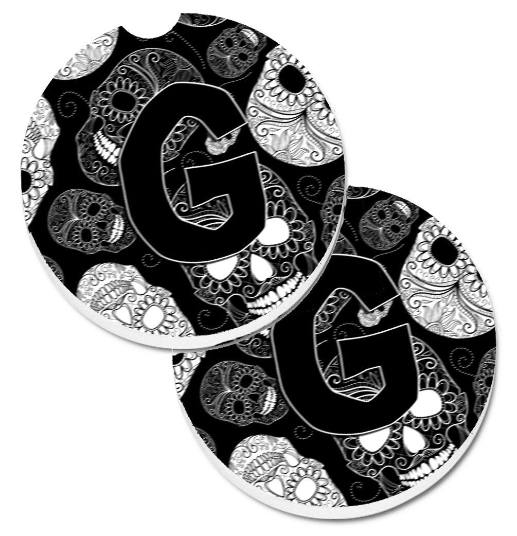 Letter G Day of the Dead Skulls Black Set of 2 Cup Holder Car Coasters CJ2008-GCARC by Caroline&#39;s Treasures