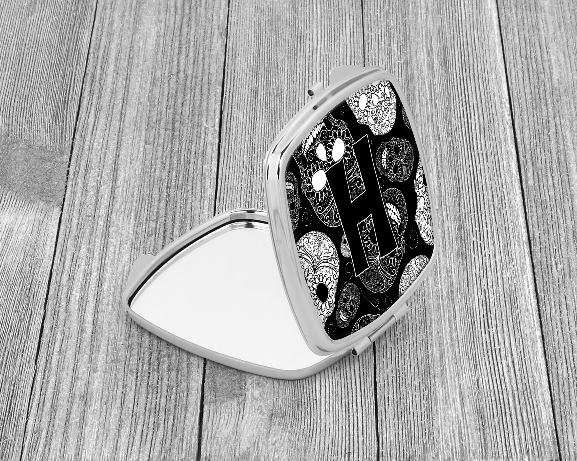 Caroline's Treasures Letter H Day of the Dead Skulls Black Compact Mirror – Stylish Purse Mirror with Artistic Covers CJ2008-HSCM
