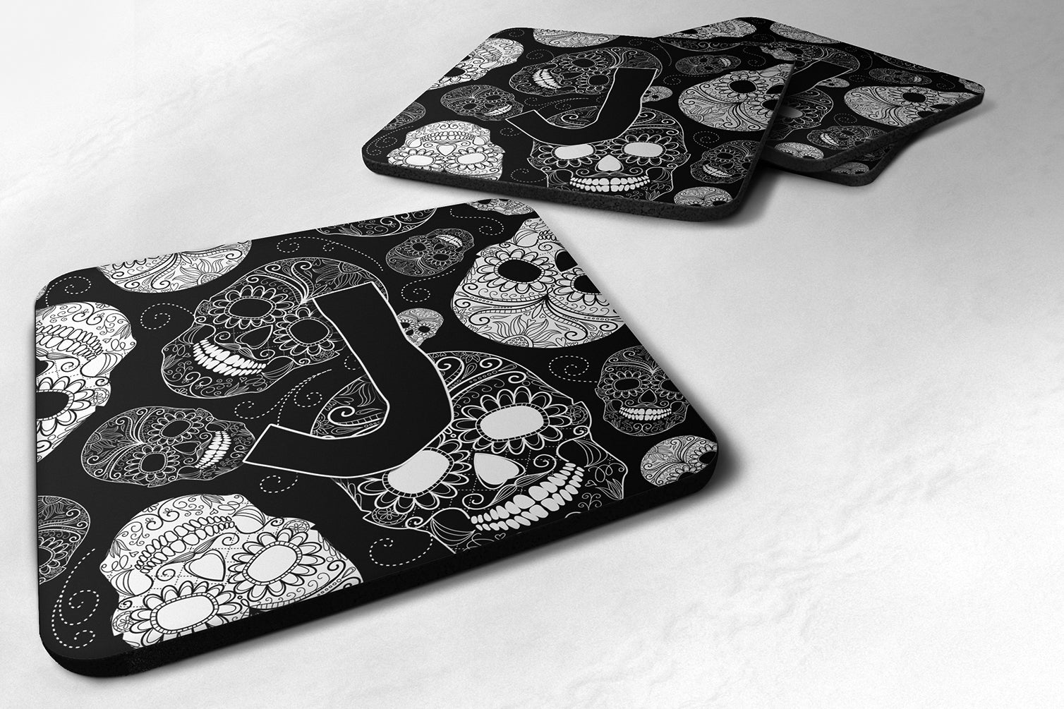 Set of 4 Letter J Day of the Dead Skulls Black Foam Coasters CJ2008-JFC - the-store.com