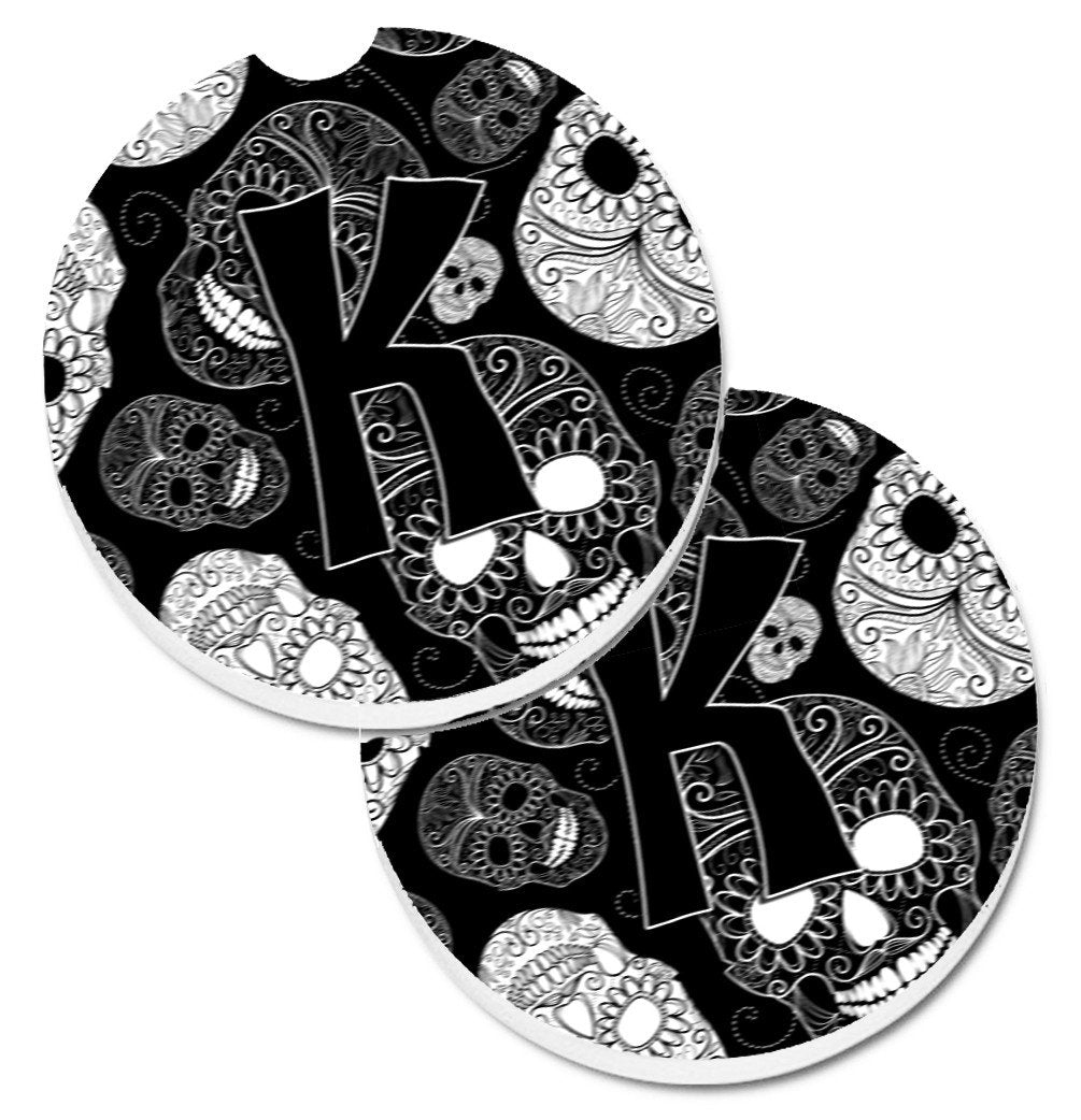 Letter K Day of the Dead Skulls Black Set of 2 Cup Holder Car Coasters CJ2008-KCARC by Caroline&#39;s Treasures