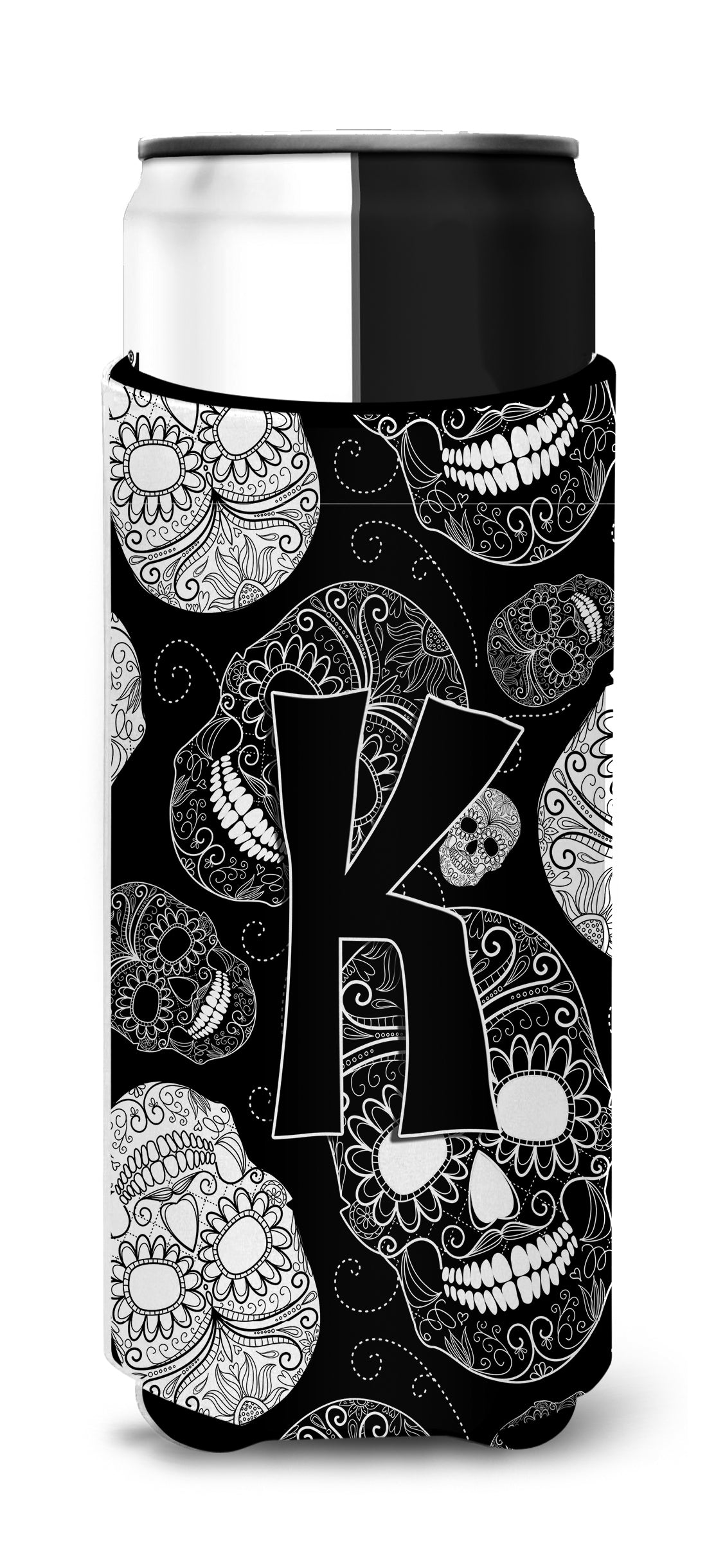 Letter K Day of the Dead Skulls Black Ultra Beverage Insulators for slim cans CJ2008-KMUK