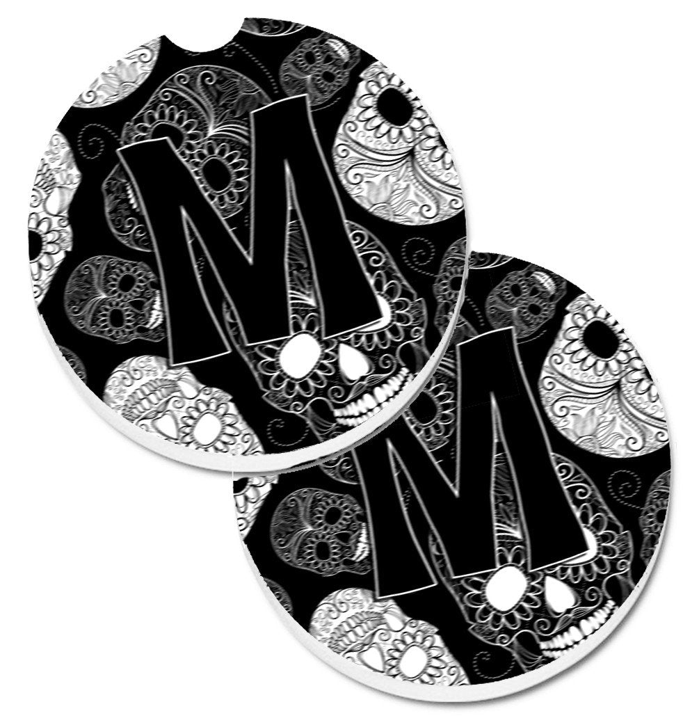 Letter M Day of the Dead Skulls Black Set of 2 Cup Holder Car Coasters CJ2008-MCARC by Caroline&#39;s Treasures