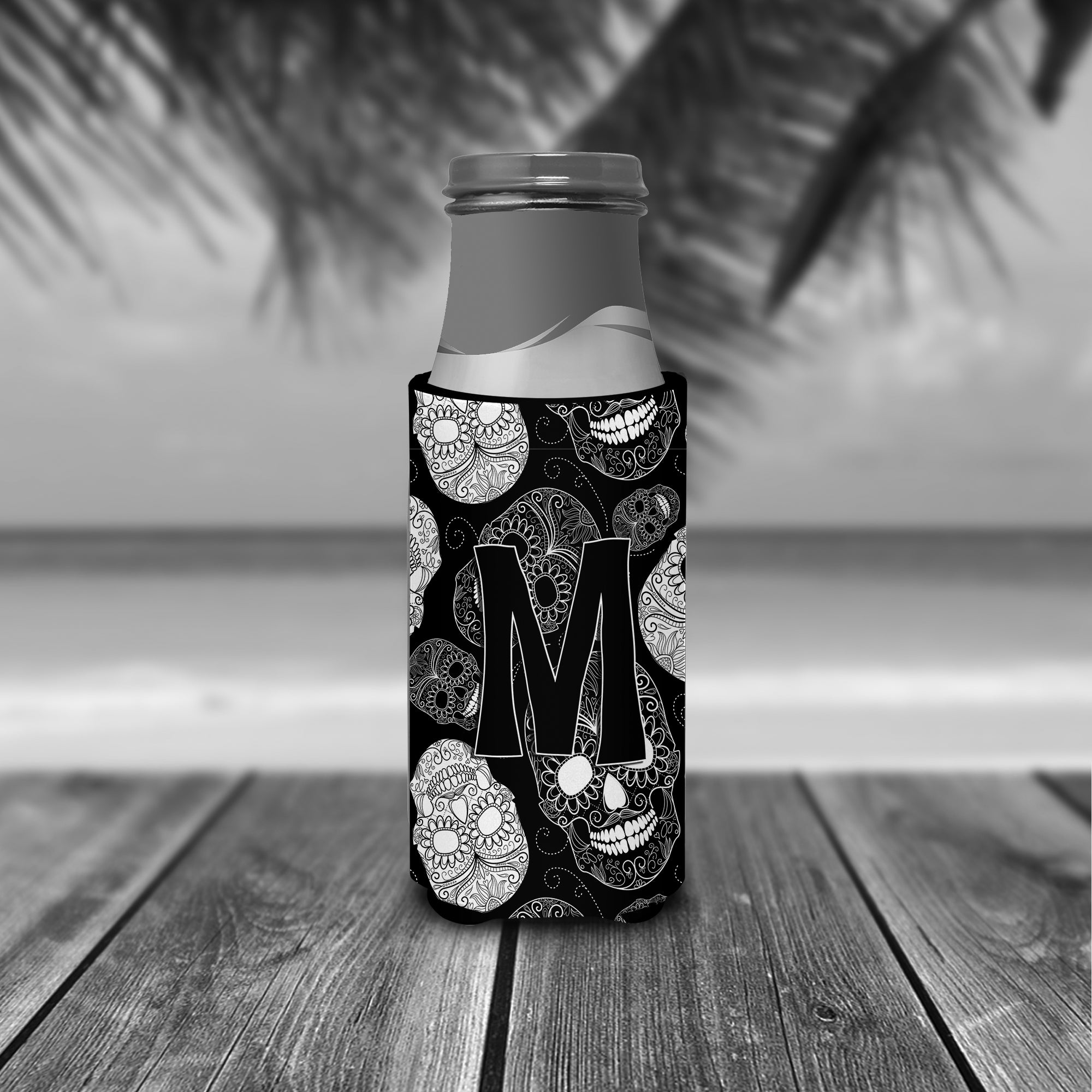 Letter M Day of the Dead Skulls Black Ultra Beverage Insulators for slim cans CJ2008-MMUK.