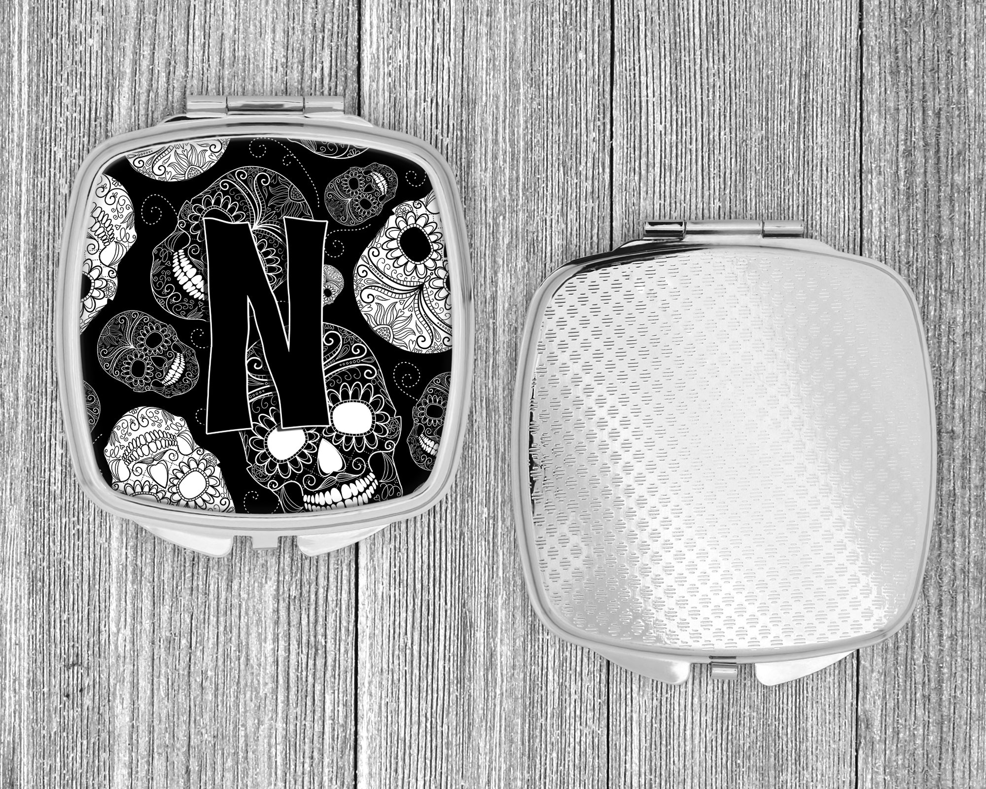 Letter N Day of the Dead Skulls Black Compact Mirror CJ2008-NSCM