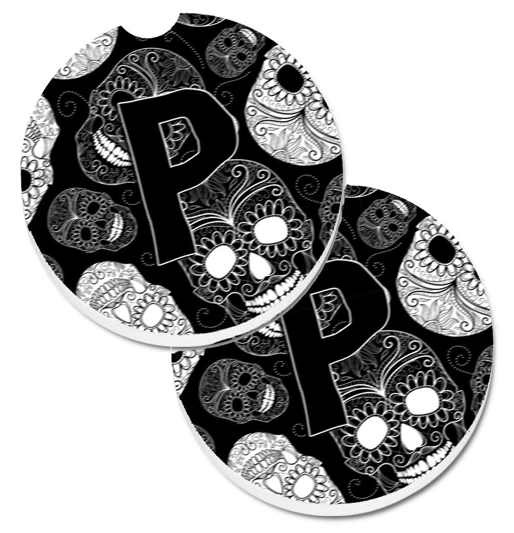 Letter P Day of the Dead Skulls Black Set of 2 Cup Holder Car Coasters CJ2008-PCARC by Caroline&#39;s Treasures