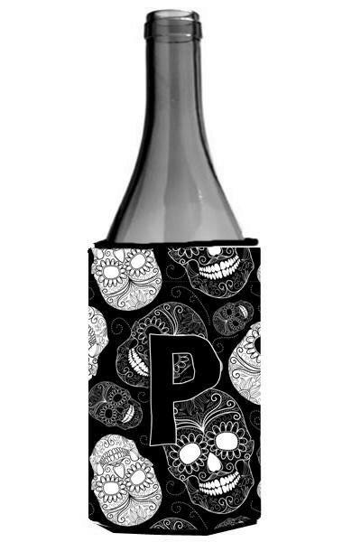 Letter P Day of the Dead Skulls Black Wine Bottle Beverage Insulator Hugger CJ2008-PLITERK by Caroline&#39;s Treasures