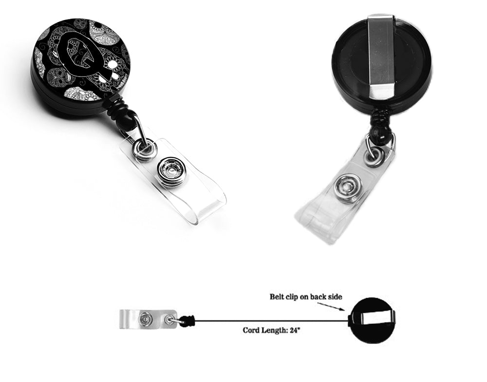 Caroline's Treasures Letter Q Day of the Dead Skulls Black Retractable Badge Reel CJ2008-QBR