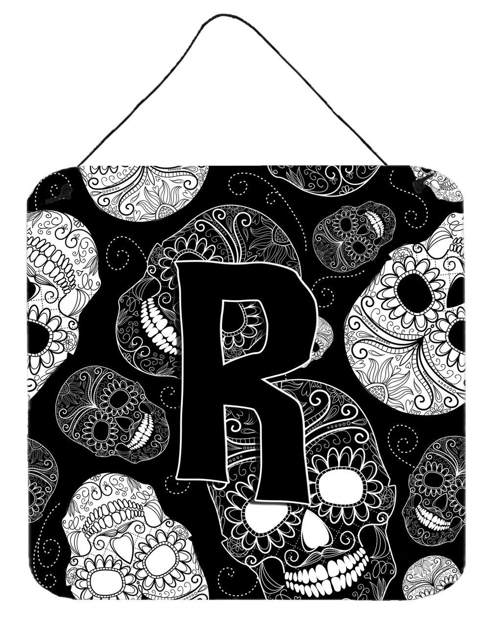 Letter R Day of the Dead Skulls Black Wall or Door Hanging Prints CJ2008-RDS66 by Caroline's Treasures