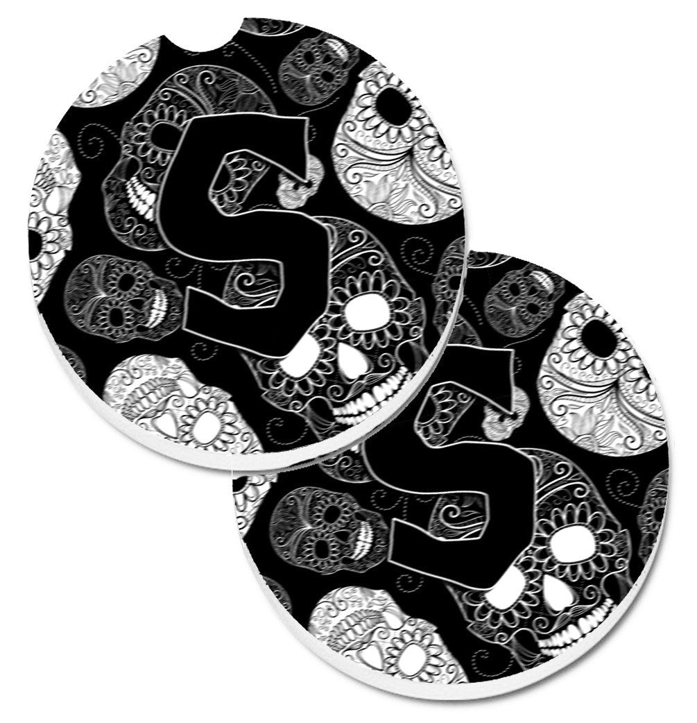 Letter S Day of the Dead Skulls Black Set of 2 Cup Holder Car Coasters CJ2008-SCARC by Caroline&#39;s Treasures