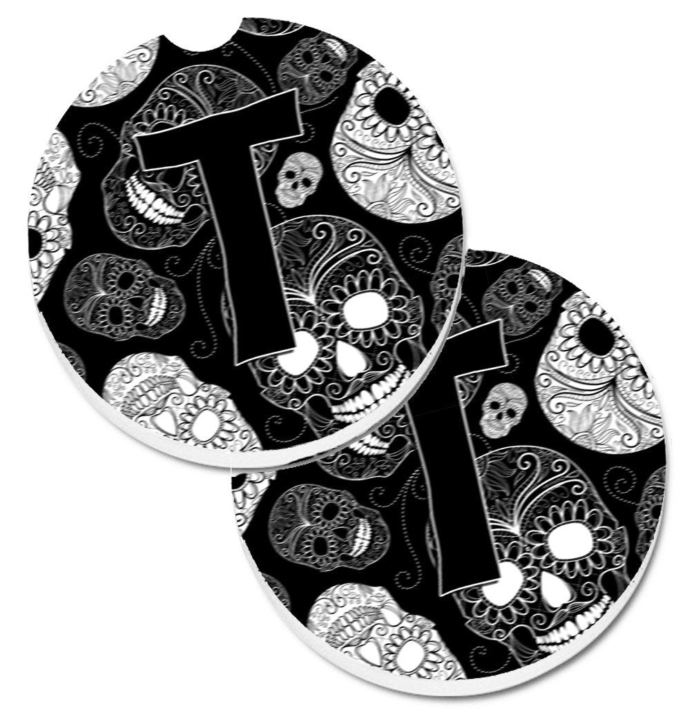 Letter T Day of the Dead Skulls Black Set of 2 Cup Holder Car Coasters CJ2008-TCARC by Caroline&#39;s Treasures