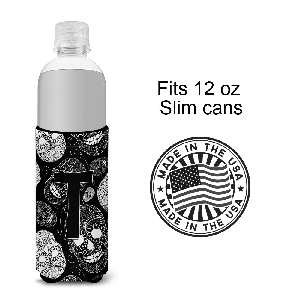 Letter T Day of the Dead Skulls Black Ultra Beverage Insulators for slim cans CJ2008-TMUK.