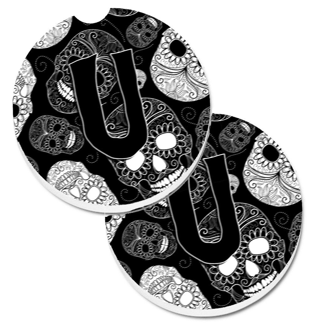 Letter U Day of the Dead Skulls Black Set of 2 Cup Holder Car Coasters CJ2008-UCARC by Caroline&#39;s Treasures