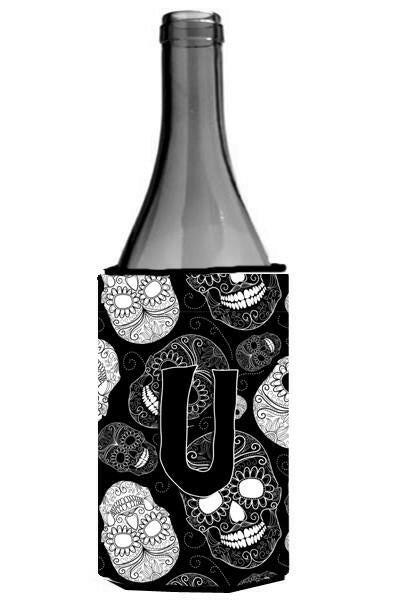 Letter U Day of the Dead Skulls Black Wine Bottle Beverage Insulator Hugger CJ2008-ULITERK by Caroline&#39;s Treasures