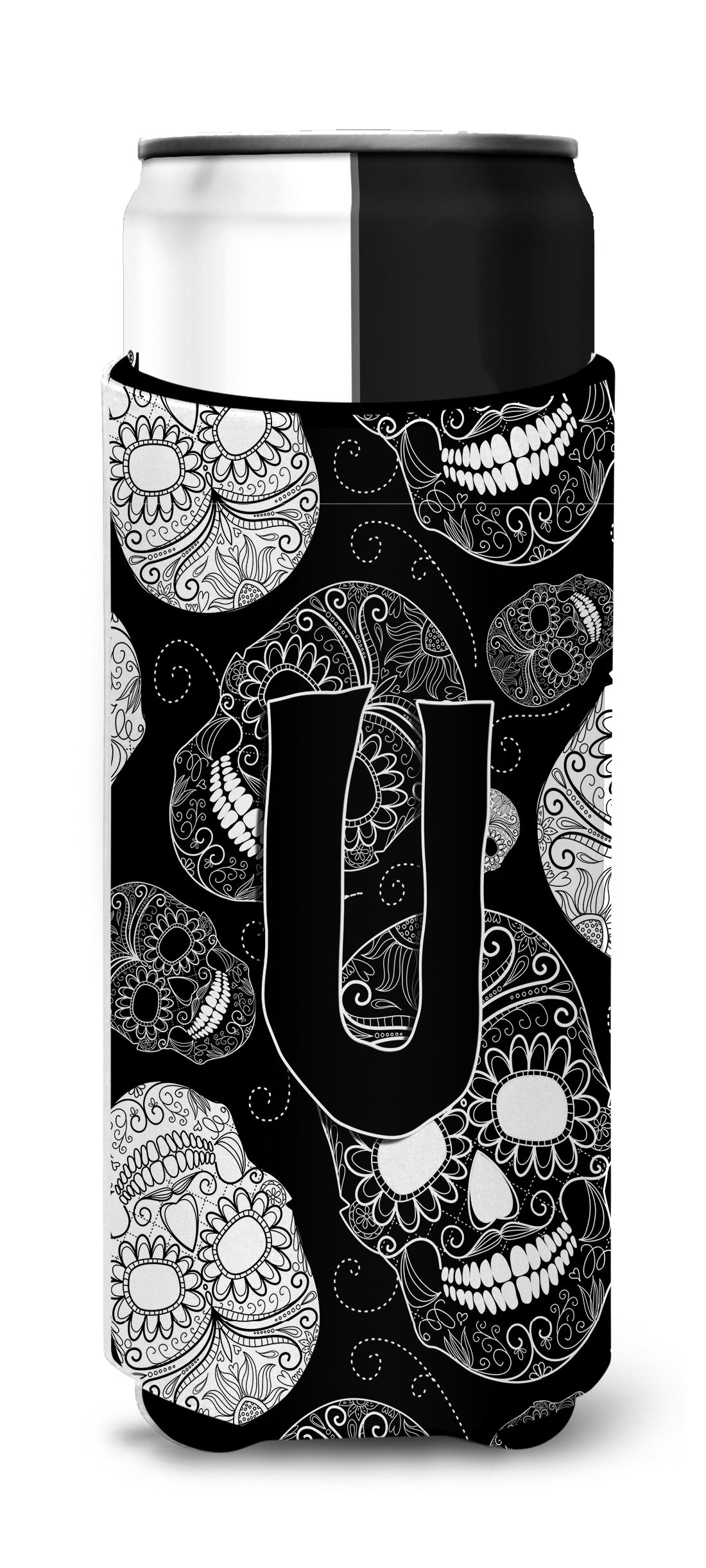 Letter U Day of the Dead Skulls Black Ultra Beverage Insulators for slim cans CJ2008-UMUK.