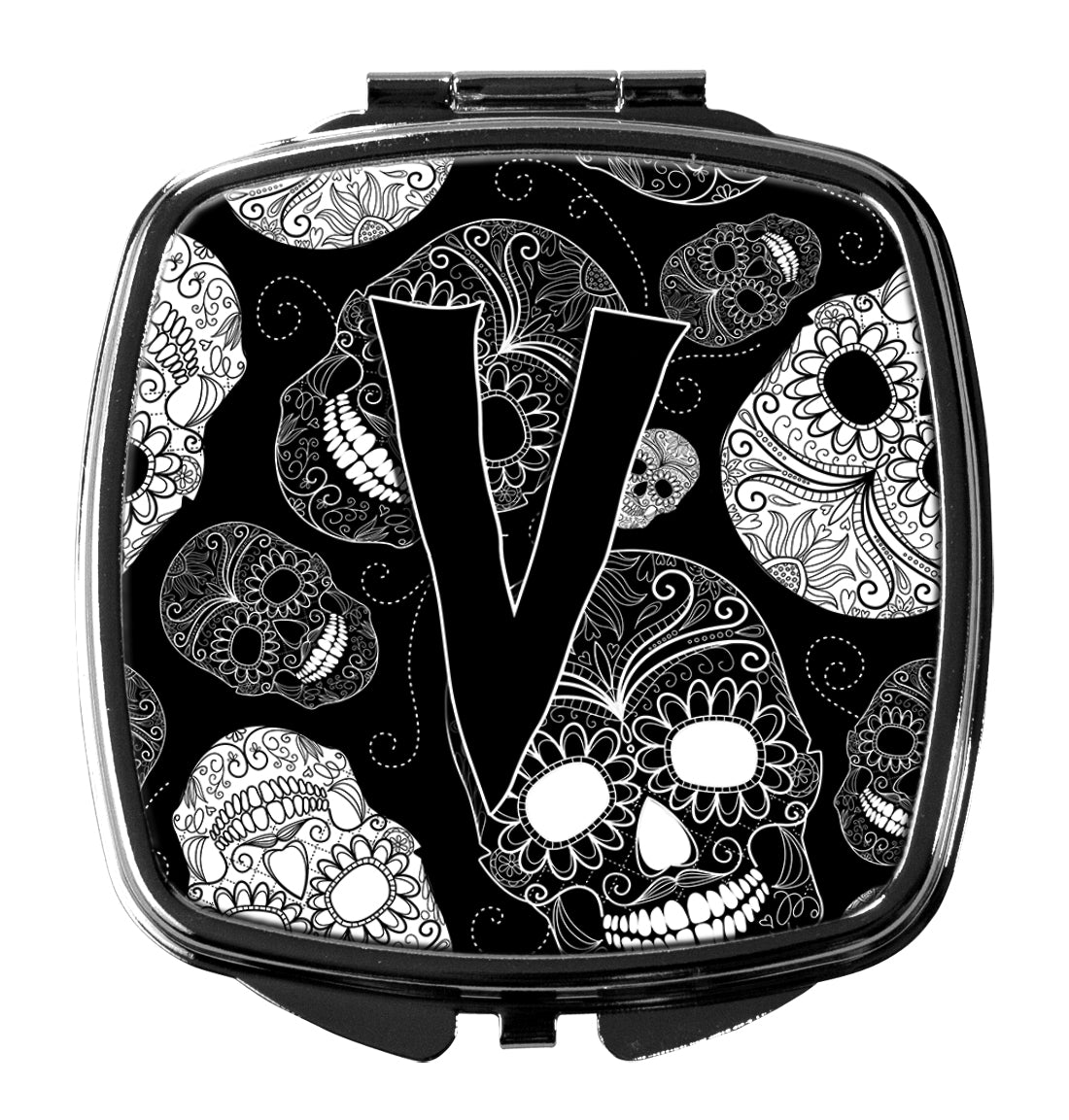 Caroline's Treasures Letter V Day of the Dead Skulls Black Compact Mirror – Stylish Purse Mirror with Artistic Covers CJ2008-VSCM