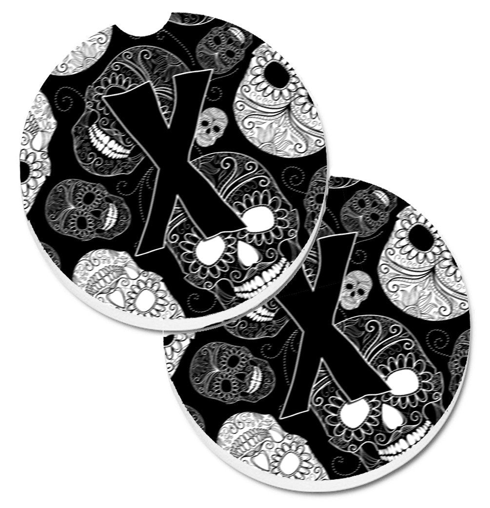 Letter X Day of the Dead Skulls Black Set of 2 Cup Holder Car Coasters CJ2008-XCARC by Caroline&#39;s Treasures