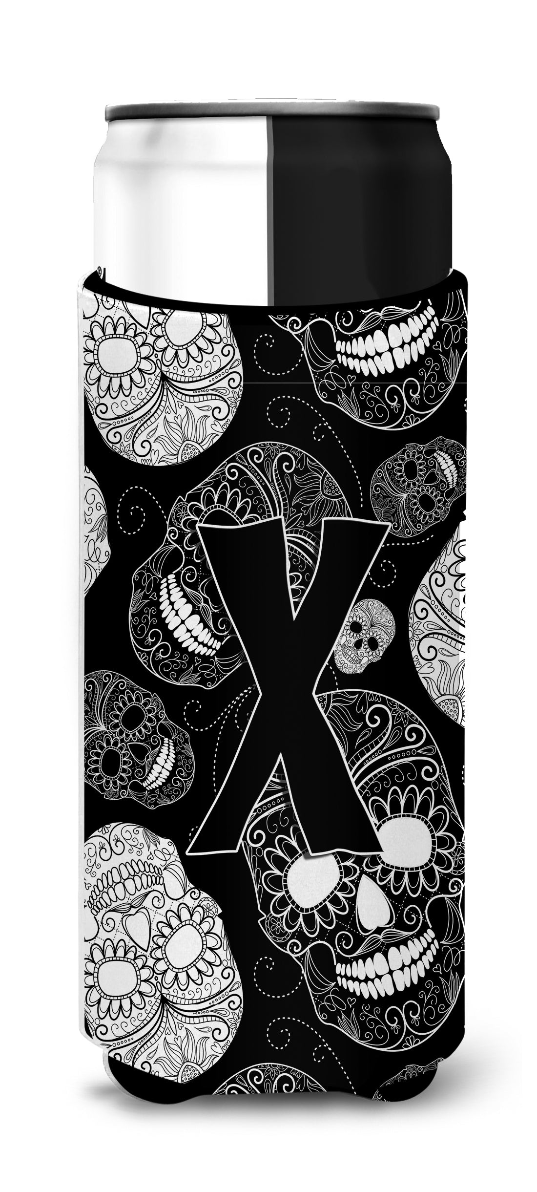Letter X Day of the Dead Skulls Black Ultra Beverage Insulators for slim cans CJ2008-XMUK.