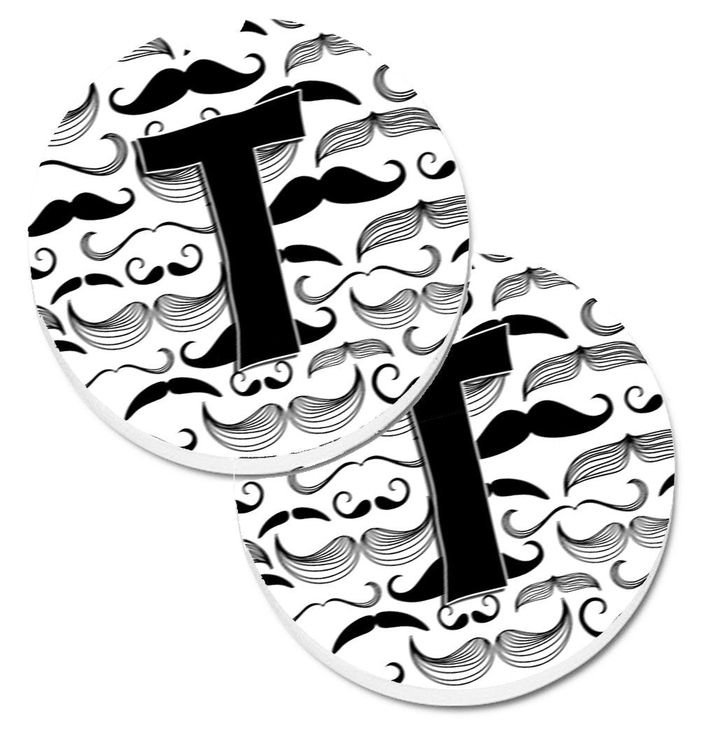 Letter T Moustache Initial Set of 2 Cup Holder Car Coasters CJ2009-TCARC by Caroline&#39;s Treasures