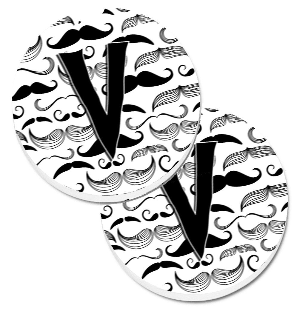 Letter V Moustache Initial Set of 2 Cup Holder Car Coasters CJ2009-VCARC by Caroline&#39;s Treasures