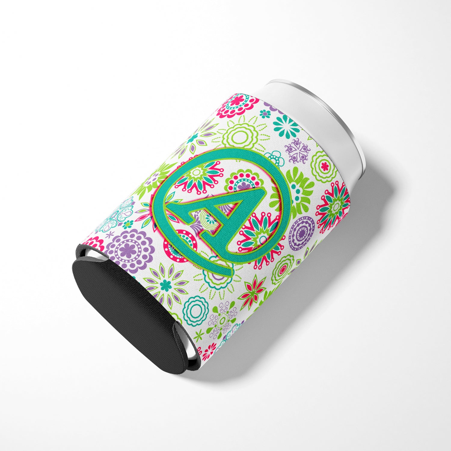 Letter A Flowers Pink Teal Green Initial Can or Bottle Hugger CJ2011-ACC.