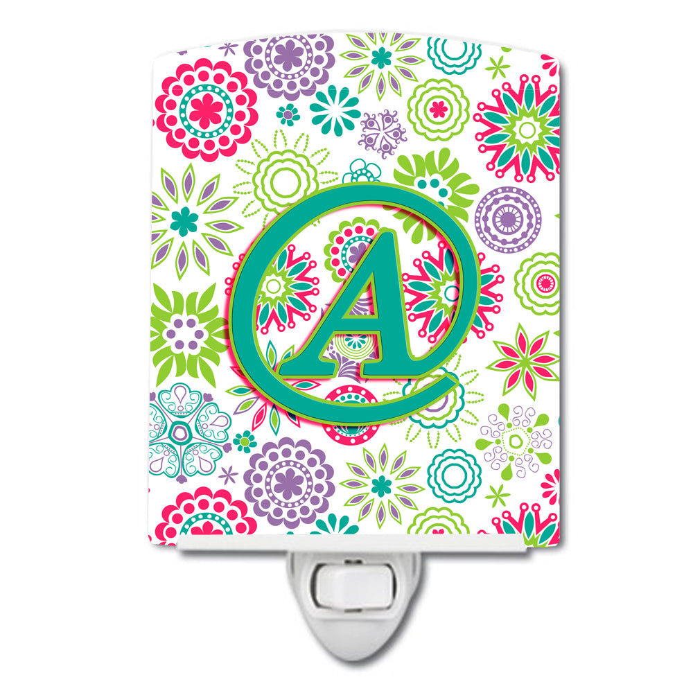 Letter A Flowers Pink Teal Green Initial Ceramic Night Light CJ2011-ACNL - the-store.com