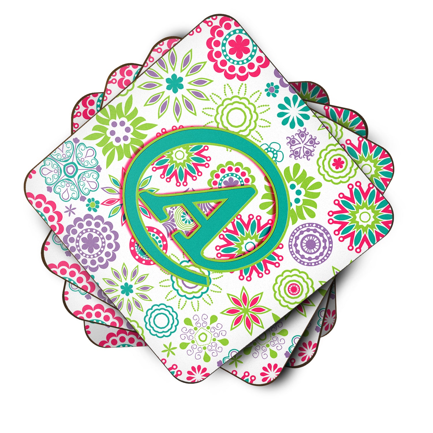 Set of 4 Letter A Flowers Pink Teal Green Initial Foam Coasters CJ2011-AFC - the-store.com