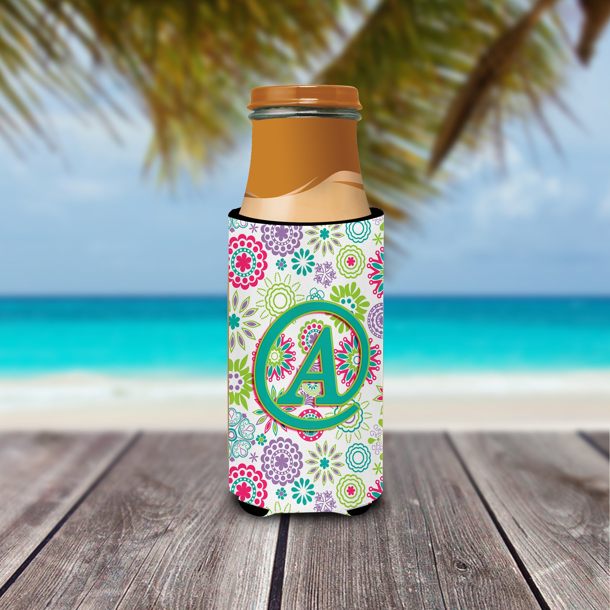 Letter A Flowers Pink Teal Green Initial Ultra Beverage Insulators for slim cans CJ2011-AMUK