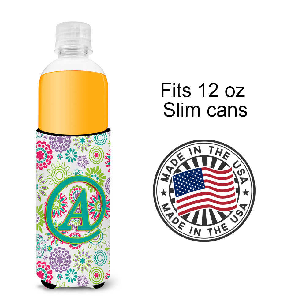 Letter A Flowers Pink Teal Green Initial Ultra Beverage Insulators for slim cans CJ2011-AMUK