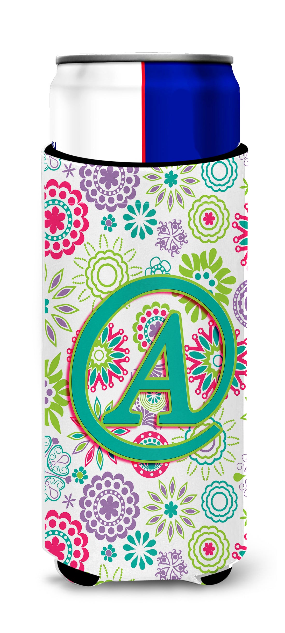Letter A Flowers Pink Teal Green Initial Ultra Beverage Insulators for slim cans CJ2011-AMUK.