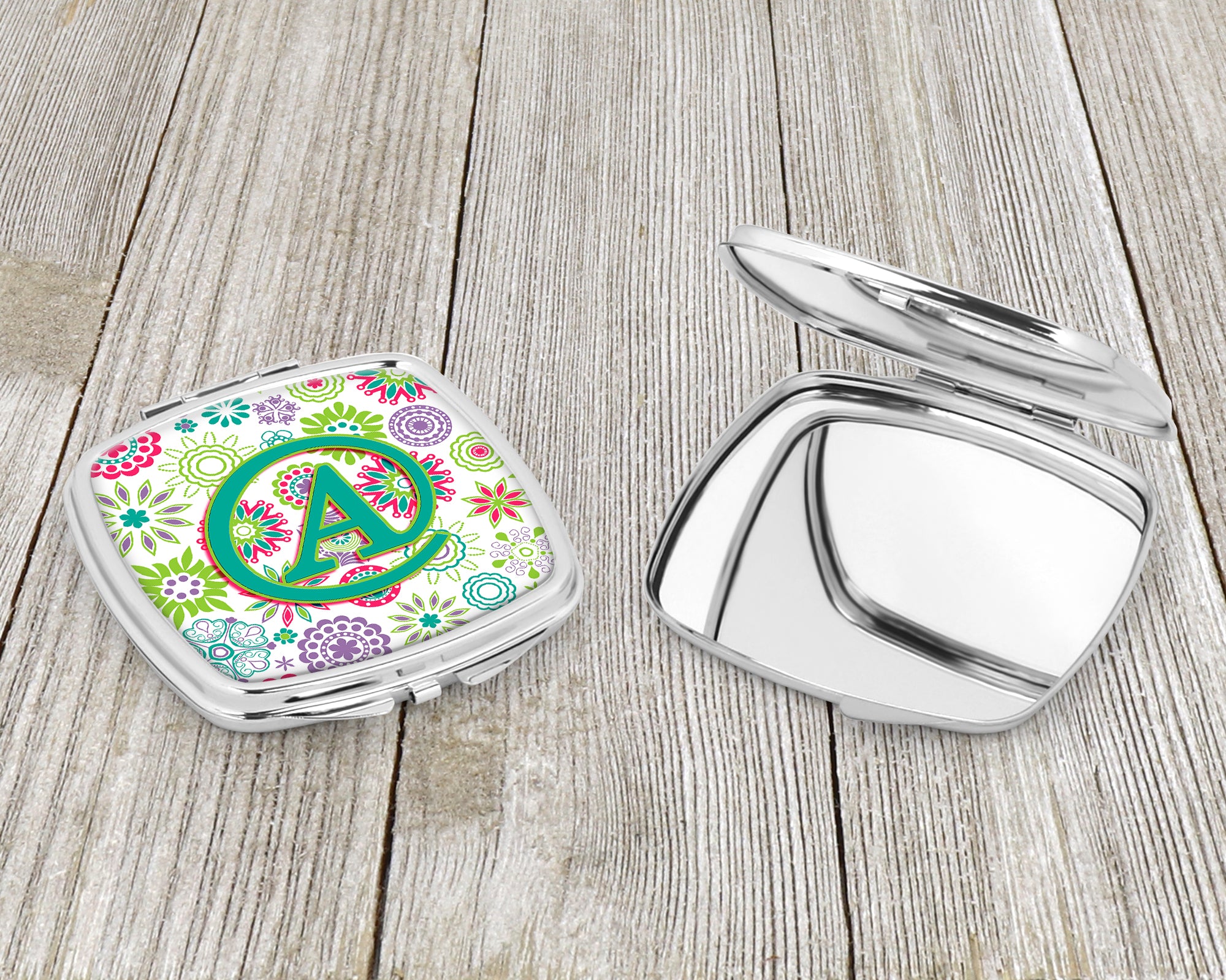 Letter A Flowers Pink Teal Green Initial Compact Mirror CJ2011-ASCM  the-store.com.