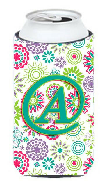 Letter A Flowers Pink Teal Green Initial Tall Boy Beverage Insulator Hugger CJ2011-ATBC by Caroline&#39;s Treasures