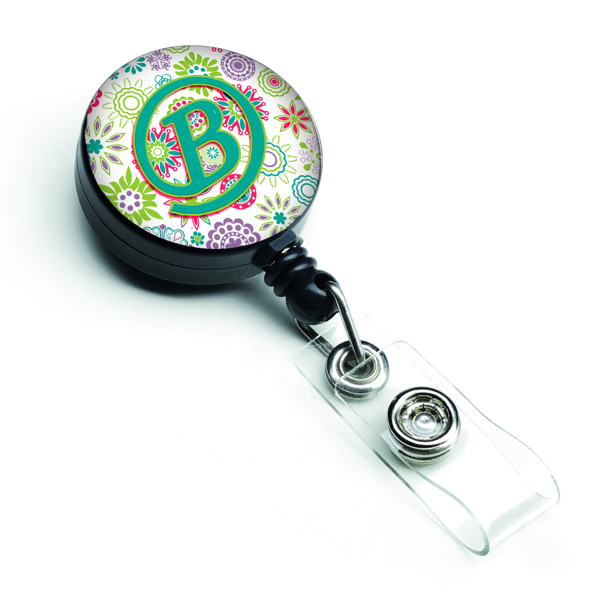 Letter B Flowers Pink Teal Green Initial Retractable Badge Reel CJ2011-BBR  the-store.com.