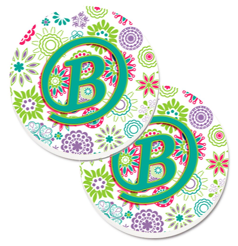Letter B Flowers Pink Teal Green Initial Set of 2 Cup Holder Car Coasters CJ2011-BCARC by Caroline&#39;s Treasures