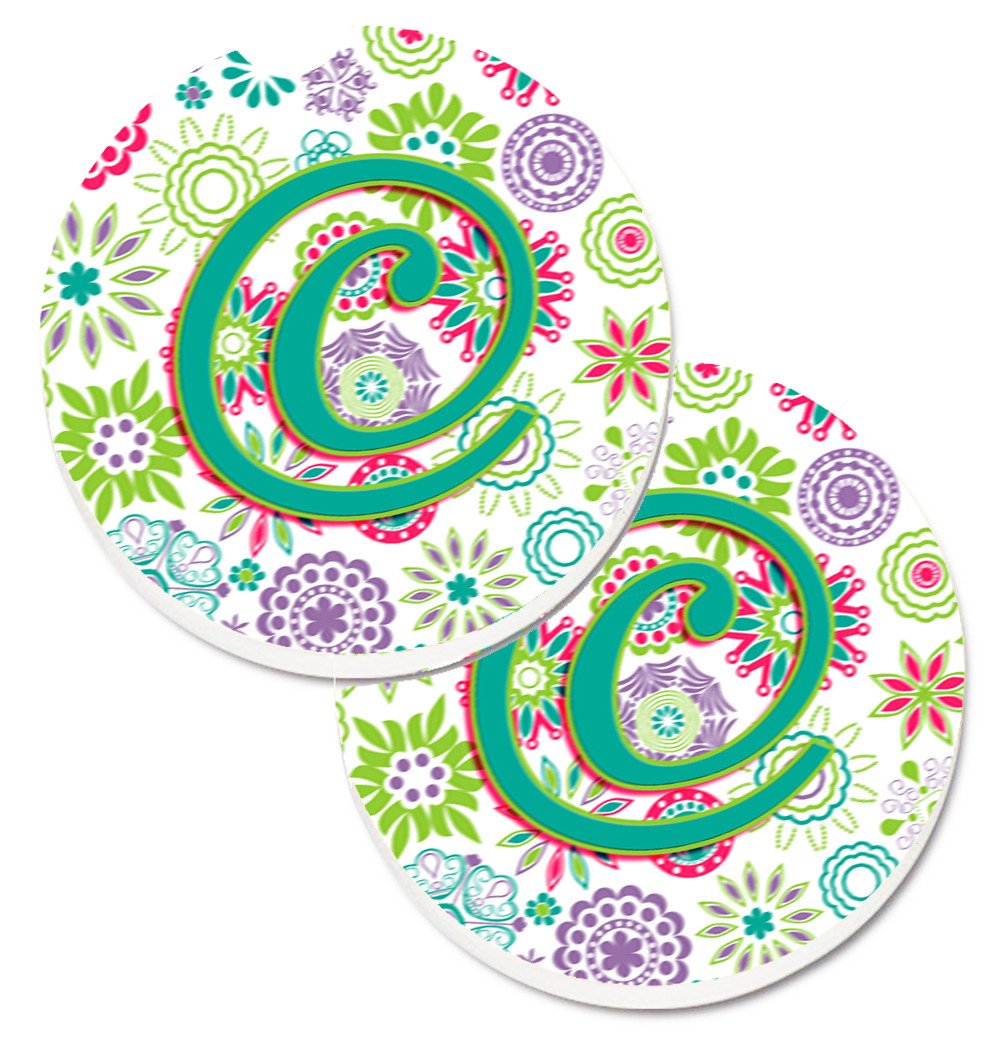 Letter C Flowers Pink Teal Green Initial Set of 2 Cup Holder Car Coasters CJ2011-CCARC by Caroline&#39;s Treasures