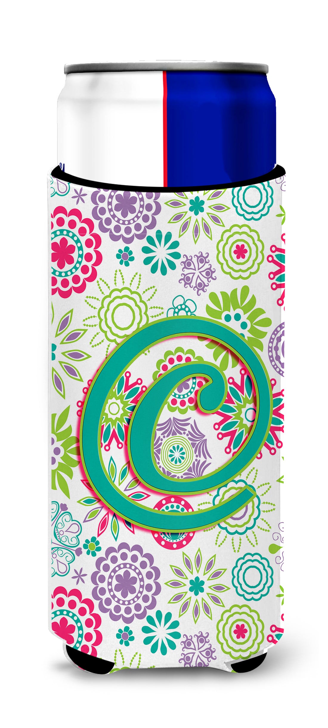 Letter C Flowers Pink Teal Green Initial Ultra Beverage Insulators for slim cans CJ2011-CMUK