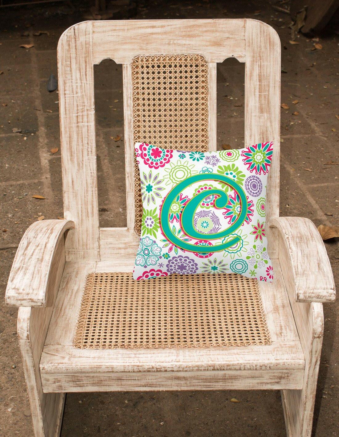 Letter C Flowers Pink Teal Green Initial Canvas Fabric Decorative Pillow CJ2011-CPW1414 by Caroline's Treasures