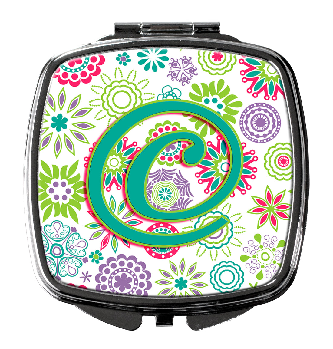 Letter C Flowers Pink Teal Green Initial Compact Mirror CJ2011-CSCM  the-store.com.