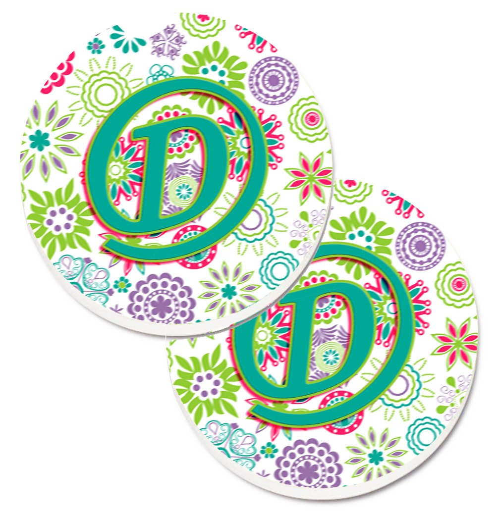 Letter D Flowers Pink Teal Green Initial Set of 2 Cup Holder Car Coasters CJ2011-DCARC by Caroline&#39;s Treasures