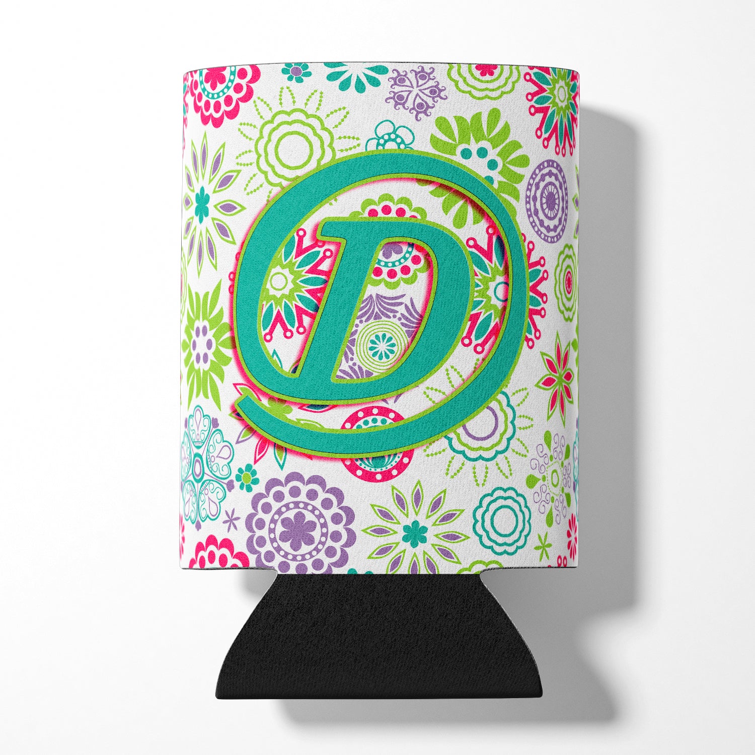 Letter D Flowers Pink Teal Green Initial Can or Bottle Hugger CJ2011-DCC