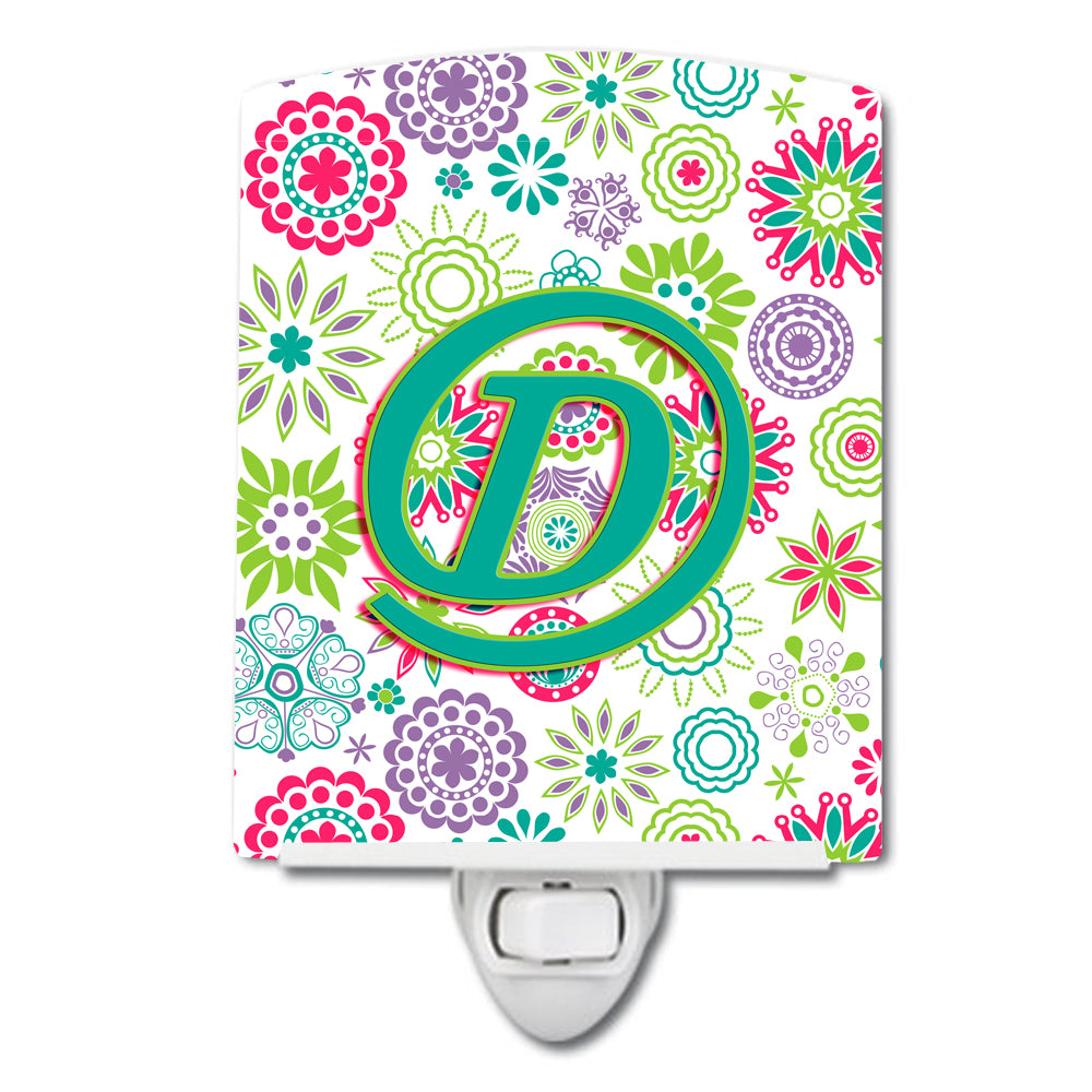 Letter D Flowers Pink Teal Green Initial Ceramic Night Light CJ2011-DCNL - the-store.com
