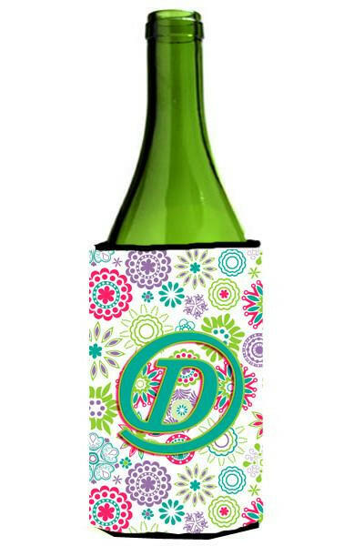 Letter D Flowers Pink Teal Green Initial Wine Bottle Beverage Insulator Hugger CJ2011-DLITERK by Caroline&#39;s Treasures