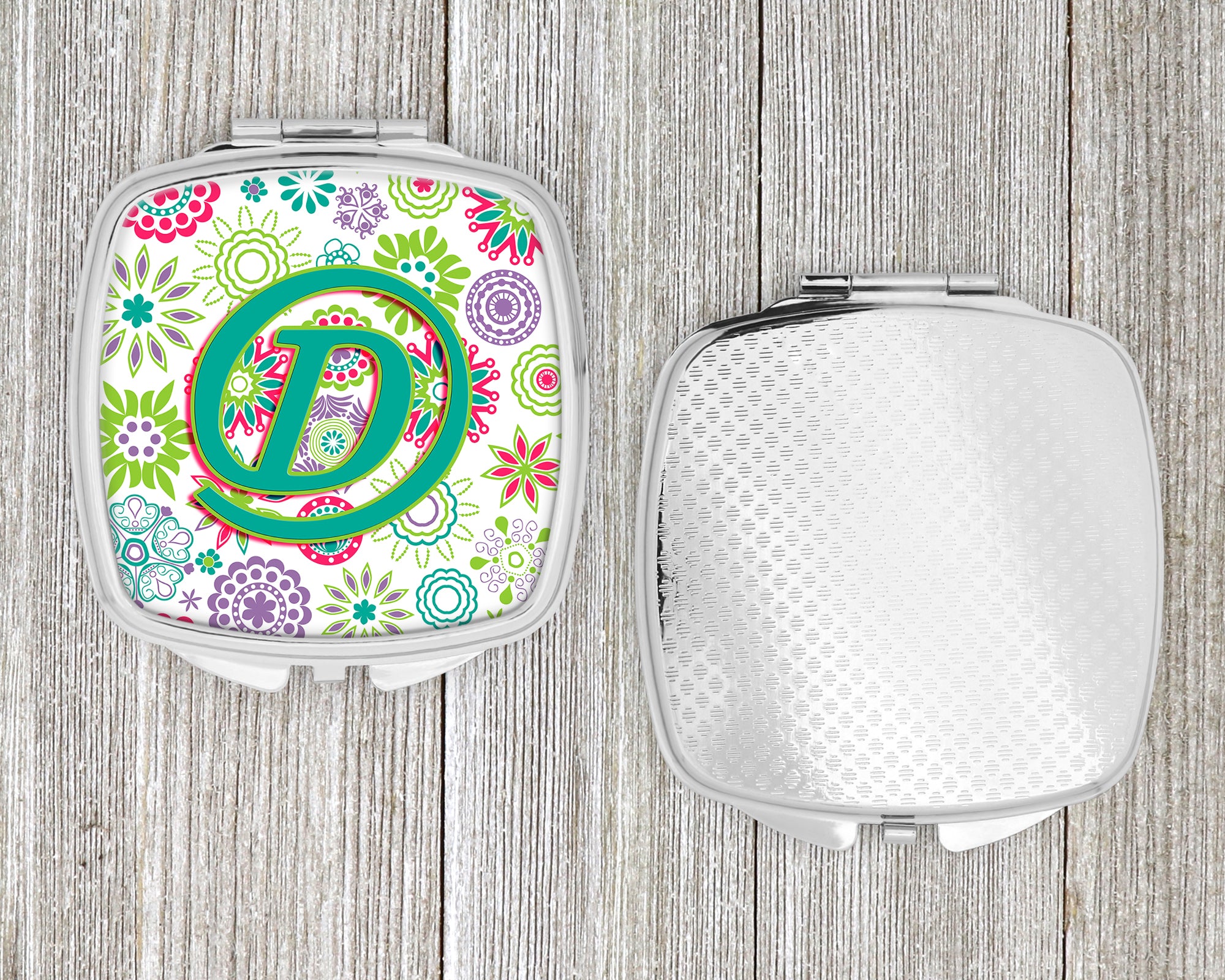 Letter D Flowers Pink Teal Green Initial Compact Mirror CJ2011-DSCM  the-store.com.